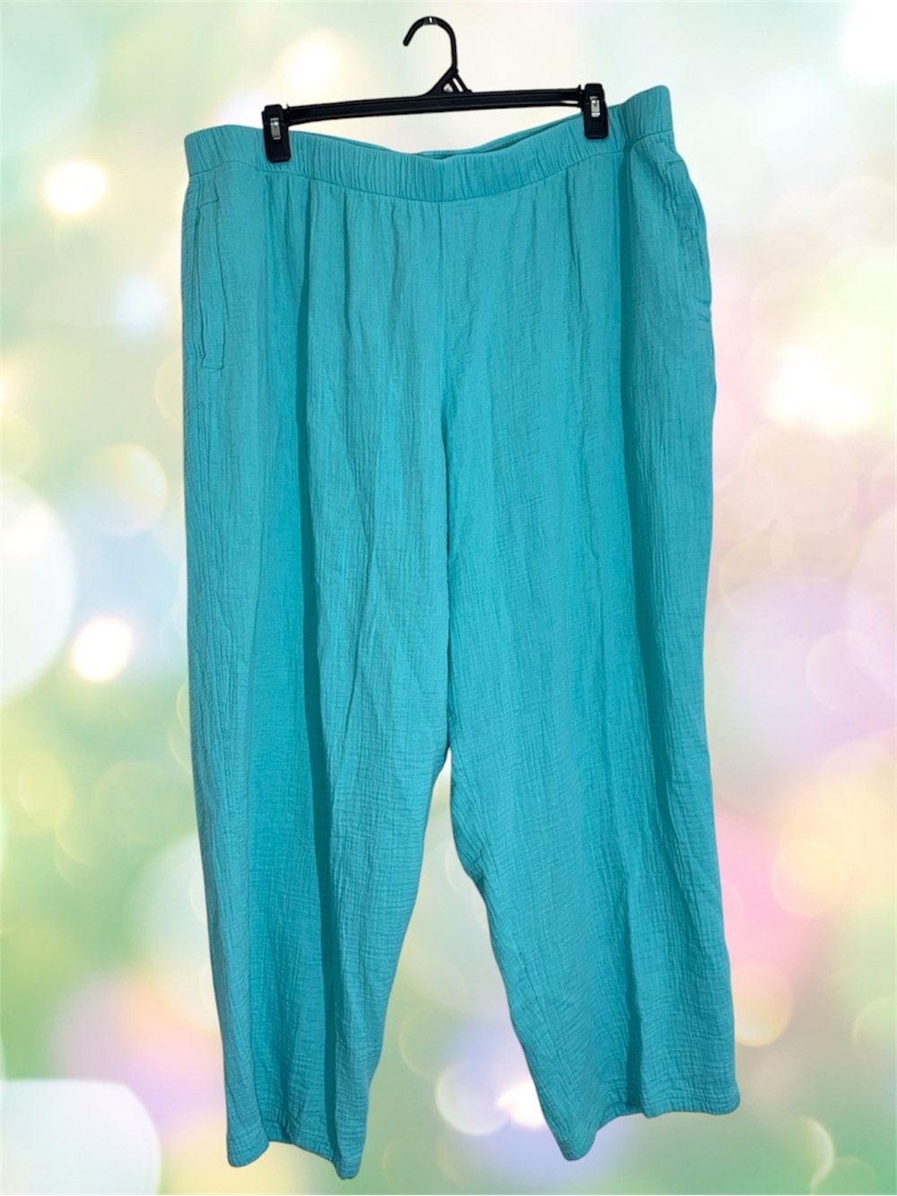 Coldwater Creek Turquoise Mint Green Wide-Leg Elastic-Waist Cotton Gauze Pants